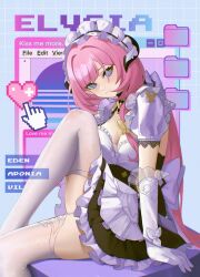 Rule 34 | 1girl, alternate costume, apron, black dress, blush, breasts, cleavage, cover, dress, elbow gloves, elysia (honkai impact), elysia (miss pink elf) (honkai impact), frilled apron, frilled dress, frills, gloves, highres, honkai (series), honkai impact 3rd, juliet sleeves, large breasts, long sleeves, magazine cover, maid, maid apron, maid headdress, pink hair, pointy ears, ponytail, puffy short sleeves, puffy sleeves, purple eyes, short sleeves, sitting, thighhighs, tutou jiang, waist apron, white gloves, white thighhighs, wrist cuffs