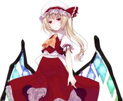 Rule 34 | 1girl, ascot, blonde hair, crote, expressionless, flandre scarlet, frilled skirt, frilled sleeves, frills, hat, hat ribbon, highres, mob cap, puffy short sleeves, puffy sleeves, red eyes, ribbon, short sleeves, side ponytail, skirt, touhou, transparent background, vest, wing collar, wings