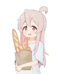 Rule 34 | 1girl, :d, absurdres, ahoge, bag, baguette, bare arms, bread, brown eyes, collarbone, colored inner hair, commentary, commission, food, grey hair, hair between eyes, highres, light blush, long hair, multicolored hair, onii-chan wa oshimai!, open mouth, oversized clothes, oversized shirt, oyama mahiro, paper bag, pink hair, pixiv commission, shirt, short sleeves, simple background, smile, solo, t-shirt, two-tone hair, upper body, white background, white shirt, yama h15