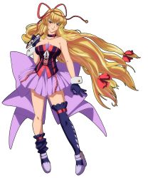 Rule 34 | 1girl, absurdres, asymmetrical legwear, bare shoulders, blonde hair, bow, breasts, choker, cleavage, collarbone, corset, cross-laced clothes, dress, flower, full body, gloves, hair bow, hair ribbon, high heels, highres, idol, large breasts, lips, long hair, macross, macross frontier, microphone, mismatched legwear, pink footwear, purple bow, purple dress, purple eyes, purple gloves, purple legwear, red bow, red ribbon, ribbon, ribbon-trimmed legwear, ribbon trim, rose, simple background, smile, solo, step arts, touhou, waist bow, white background, yakumo yukari