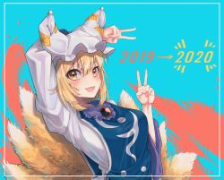 Rule 34 | 1girl, 2019, 2020, :d, animal hat, arm up, blonde hair, blue background, blush, breasts, brooch, commentary request, double v, dress, fox tail, frilled shirt collar, frills, hair between eyes, hand up, hat, highres, jewelry, long sleeves, looking at viewer, medium breasts, mob cap, multiple tails, open mouth, outside border, short hair, smile, solo, tabard, tail, toluda, touhou, upper body, v, white dress, white hat, yakumo ran, yellow eyes