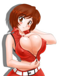 Rule 34 | 1girl, blush, breasts, brown hair, bursting breasts, covered erect nipples, huge breasts, meiko (vocaloid), nakao, nipples, open clothes, open shirt, shirt, solo, vocaloid, zipper