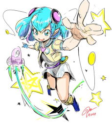 Rule 34 | 1girl, badge, blue eyes, blue footwear, blue hair, dated, dress, fingerless gloves, flat chest, foreshortening, full body, gapangman, gloves, hagoromo lala, hair ornament, heart, heart hair ornament, jacket, jumping, looking at viewer, medium hair, multicolored hair, no nose, open mouth, outstretched hand, pointy ears, precure, rocket ship, shadow, short dress, short sleeves, signature, silver dress, smile, socks, solo, spacecraft, star (symbol), star twinkle precure, teeth, two-tone hair, ufo, upper teeth only, white background, yellow jacket, yellow socks