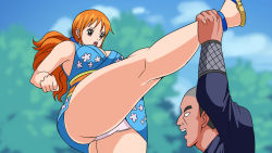 Rule 34 | 1boy, 1girl, ass, breasts, cleavage, highres, huge ass, japanese clothes, kimono, leg grab, looking at another, nami (one piece), nami (one piece) (wano), one piece, orange hair, peeking, pervert, pinkpawg, sky, tagme, thick thighs, thighs, upskirt