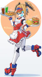 Rule 34 | 1girl, :d, apron, blonde hair, blue eyes, blue mouth, bow, burger, colored skin, commentary request, cup, dress, drinking glass, fang, food, french fries, frilled dress, frills, full body, high heels, highres, holding, holding tray, humanoid robot, joints, lc butter, looking at viewer, mechanical hair, open mouth, original, red dress, robot, robot girl, robot joints, roller skates, signature, skates, skin fang, smile, solo, tray, twintails, waist bow, white skin