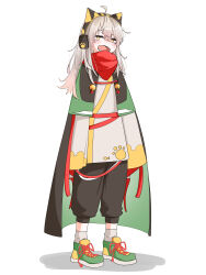 Rule 34 | 1girl, absurdres, ahoge, animal ear headphones, animal ears, aoza, bell, black pants, cape, cat ear headphones, dot nose, fake animal ears, fang, full body, green cape, green footwear, grey shirt, grey socks, headphones, highres, jingle bell, long hair, looking at viewer, open mouth, original, pants, paw print, red scarf, scarf, shadow, shirt, shoes, simple background, sleeves past wrists, sneakers, socks, solo, standing, white background, white hair, yellow eyes