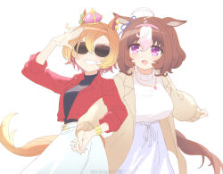Rule 34 | 2girls, :3, @ @, ahoge, alternate costume, animal ears, black shirt, breasts, brown hair, coat, crown, dress, facing viewer, glasses, grin, hairband, hihiqhi, holding hands, horse ears, horse girl, horse tail, interlocked fingers, jacket, large breasts, long sleeves, medium hair, meisho doto (umamusume), mini crown, multiple girls, opaque glasses, open clothes, open jacket, open mouth, orange hair, purple eyes, red jacket, shading eyes, shirt, short hair, simple background, small breasts, smile, sunglasses, t.m. opera o (umamusume), tail, twitter username, umamusume, watermark, white background, white dress, yellow coat