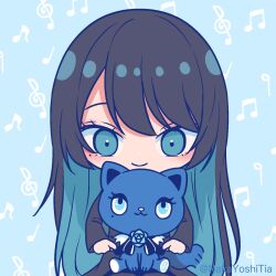 Rule 34 | 1girl, ado (utaite), adorozatorumary, black coat, black hair, blue background, blue eyes, blue hair, cat, chando (ado), chibi, closed mouth, cloud nine inc, coat, colored inner hair, commentary request, highres, long hair, long sleeves, looking at viewer, mole, mole under eye, multicolored hair, nakayoshitia, sanrio, smile, solo, twitter username, two-tone hair, upper body, utaite