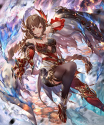 Rule 34 | 1girl, 77gl, asymmetrical clothes, black thighhighs, braid, braided ponytail, breasts, brown hair, cape, dragon claw, galmieux omen of disdain, long hair, looking at viewer, medium breasts, open mouth, red eyes, shadowverse, single thighhigh, solo, thighhighs