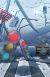 Rule 34 | artist name, cable, commentary, commentary request, debris, destruction, english commentary, english text, fog, highres, japanese stop sign, lamppost, no humans, norikoi, original, outdoors, road, road sign, scenery, sign, signature, traffic light, utility pole, white footwear