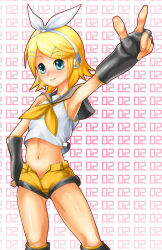 Rule 34 | 1girl, armpits, baanin, blonde hair, blue eyes, blush, female focus, kagamine rin, kagamine rin (if), midriff, no panties, open clothes, open fly, open shorts, outstretched arm, shorts, sleeveless top, solo, unzipped, vocaloid