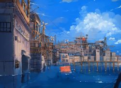 Rule 34 | absurdres, architecture, blue sky, building, commentary request, crate, day, flood, highres, no humans, original, outdoors, sky, tsushima sora, water, windmill
