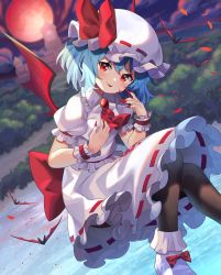 Rule 34 | 1girl, absurdres, ascot, bat (animal), bat wings, black pantyhose, blood, blood on face, blood on hands, blouse, blue hair, blurry, blurry background, bow, closed mouth, cloud, fingernails, footwear bow, forest, frilled shirt, frills, full moon, hat, hat ribbon, head tilt, highres, lake, long fingernails, looking at viewer, mansion, mob cap, moon, nail polish, nature, outdoors, pantyhose, red ascot, red bow, red eyes, red moon, red nails, red ribbon, remilia scarlet, ribbon, ribbon-trimmed skirt, ribbon trim, shirt, short hair, skirt, smile, solo, tongue, tongue out, touhou, white footwear, white hat, white shirt, white skirt, wings, wrist cuffs, yuujin (yuzinn333)