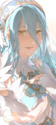 Rule 34 | 1girl, azura (fire emblem), blue hair, blurry, dress, eyeshadow, fingerless gloves, fingernails, fire emblem, fire emblem fates, gloves, hair between eyes, headdress, highres, jewelry, korean commentary, lips, long hair, looking at viewer, lower teeth only, makeup, nintendo, nose, open mouth, simple background, smile, solo, teeth, uoongpig, upper body, white dress, white gloves, yellow eyes