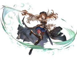 Rule 34 | 10s, 1girl, blue eyes, brown hair, feathers, full body, granblue fantasy, hat, holding, holding weapon, lecia (granblue fantasy), midriff, minaba hideo, official art, open mouth, pantyhose, pleated skirt, simple background, skirt, solo, sword, thighhighs, torn clothes, torn legwear, transparent background, weapon, white background, wide sleeves