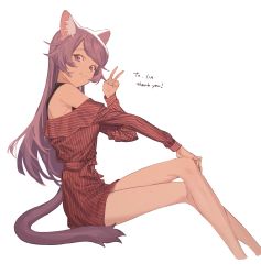 Rule 34 | 1girl, animal ear fluff, animal ears, bare legs, cat ears, cat tail, commission, dress, feet out of frame, hand on own knee, highres, kona ming, long hair, long sleeves, off shoulder, original, pink eyes, pink hair, pixiv commission, red dress, sash, simple background, sitting, smile, solo, striped clothes, striped dress, swept bangs, tail, v, white background