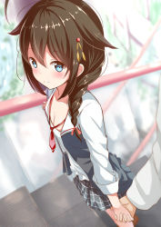 Rule 34 | 10s, 1boy, 1girl, adapted costume, black skirt, blue eyes, blush, braid, brown hair, from above, ging1993, hair between eyes, hair flaps, hair ornament, hair over shoulder, holding hands, height difference, hetero, highres, interlocked fingers, kantai collection, ladder, long hair, long sleeves, looking at viewer, miniskirt, plaid, plaid skirt, pleated skirt, remodel (kantai collection), shigure (kancolle), single braid, skirt, smile, vest