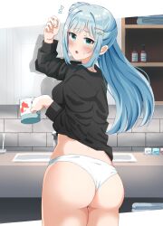 Rule 34 | 1girl, :o, absurdres, aqua eyes, ass, bathroom, black shirt, blue hair, blush, commentary request, cup, hair ornament, hairclip, haruki (haruki678), highres, holding, holding cup, idolmaster, idolmaster million live!, long hair, long sleeves, looking at viewer, open mouth, panties, shiraishi tsumugi, shirt, sidelocks, sink, solo, standing, toothbrush, underwear, wedgie, white panties