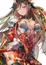Rule 34 | armor, artist request, breastplate, breasts, brown hair, grand summoners, hand in own hair, highres, mira (grand summoners), one eye closed, shoulder armor, skirt, smile, solo