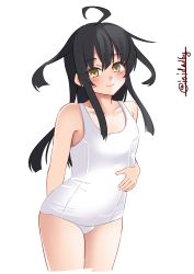 Rule 34 | 1girl, ahoge, arms behind back, black hair, collarbone, cowboy shot, flat chest, hair between eyes, hand on own stomach, highres, ishida arata, jitome, kantai collection, long hair, looking at viewer, mikazuki (kancolle), one-piece swimsuit, school swimsuit, signature, simple background, smile, solo, swimsuit, twitter username, white background, white one-piece swimsuit, yellow eyes