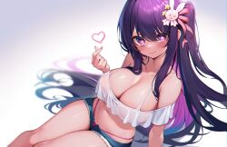 Rule 34 | 1girl, blush, breasts, cleavage, finger heart, hair ornament, heart, hoshino ai (oshi no ko), kaptivate, large breasts, long hair, looking at viewer, navel, open fly, oshi no ko, pink eyes, purple eyes, purple hair, rabbit hair ornament, short shorts, shorts, sidelocks, smile, solo, star-shaped pupils, star (symbol), star in eye, swimsuit, swimsuit under clothes, symbol-shaped pupils, symbol in eye, thighs, very long hair
