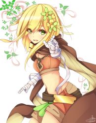 Rule 34 | 1girl, bandaged arm, bandages, belt, blonde hair, brown scarf, cowboy shot, crop top, flower knight girl, green eyes, katabami (flower knight girl), looking at viewer, orange shorts, outstretched hand, scarf, short hair, shorts, simple background, smile, solo, suzume (simple0091), white background