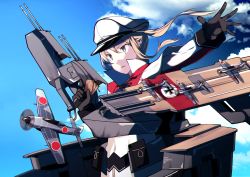 Rule 34 | 10s, 1girl, aircraft, airplane, black gloves, blonde hair, blue eyes, blue sky, capelet, card, chromatic aberration, cloud, cloudy sky, cross, day, flight deck, gloves, graf zeppelin (kancolle), hat, iron cross, kantai collection, long hair, machinery, peaked cap, revision, sahuyaiya, sky, solo, swastika, turret, twintails