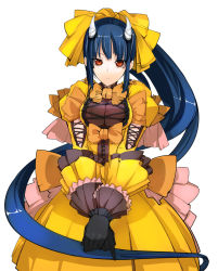 Rule 34 | 1girl, blue hair, bow, breasts, cleavage, demon girl, dress, gloves, horns, large breasts, long hair, looking at viewer, oni horns, orange bow, original, ponytail, pupps, red eyes, see-through, solo, demon girl, v arms, very long hair, yellow dress
