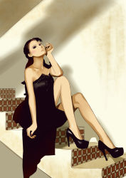 Rule 34 | 1girl, absurdres, arm support, bare shoulders, black dress, black eyes, black footwear, black hair, collarbone, dress, female focus, high heels, highres, jing mian tu, long hair, looking at viewer, nail polish, serious, shoes, sitting, solo, stairs, strapless, strapless dress, yamai chuu
