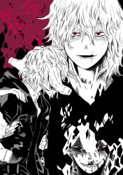 Rule 34 | 1boy, absurdres, boku no hero academia, coat, disembodied hand, greyscale, grin, highres, looking at viewer, male focus, medium hair, messy hair, monochrome, open mouth, red eyes, scar, scar on face, scar on mouth, shigaraki tomura, short hair, smile, solo, spot color, wrinkled skin, yyuuuu0828