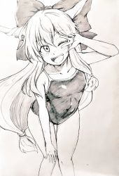 Rule 34 | 1girl, alternate costume, bare legs, bow, breasts, collarbone, commentary request, competition school swimsuit, competition swimsuit, covered navel, d-m (dii emu), eyelashes, fangs, greyscale, hair bow, hand on own thigh, horns, ibuki suika, leaning forward, long hair, monochrome, one-piece swimsuit, one eye closed, oni horns, open mouth, school swimsuit, sidelocks, simple background, sketch, small breasts, solo, swimsuit, touhou, traditional media, upper body, v, very long hair, white background