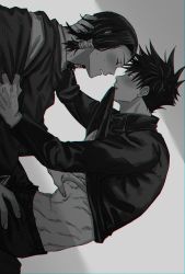 Rule 34 | 2boys, blush, closed eyes, clothes lift, commentary request, fushiguro megumi, fushirun rung, groping, hair between eyes, hand on another&#039;s head, high collar, highres, jacket, jacket lift, japanese clothes, jujutsu kaisen, kamo noritoshi, kimono, lifted by self, long hair, long sleeves, looking at another, male focus, monochrome, mouth hold, multiple boys, pants, school uniform, short hair, sidelocks, sitting, sitting on person, spiked hair, wide sleeves, yaoi