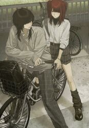 Rule 34 | 2boys, asymmetrical bangs, bicycle, black bag, black footwear, black hair, black socks, brothers, closed mouth, eyeshadow, fence, grey pants, grey skirt, grey sweater, hair over one eye, highres, hirota tsuu, loafers, looking at another, loose socks, makeup, male focus, multiple boys, original, outdoors, pants, piercing, plaid, plaid pants, plaid skirt, red eyes, red hair, shirt, shirt tucked in, shoes, siblings, skirt, smile, socks, sweater, trap, two side up, white shirt, wolf cut