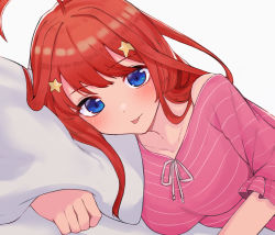 Rule 34 | 1girl, :p, ahoge, ayama nano, blush, breasts, closed mouth, collarbone, commentary, frilled sleeves, frills, go-toubun no hanayome, hair ornament, head on pillow, highres, long hair, long sleeves, looking at viewer, lying, medium breasts, nakano itsuki, on side, pajamas, pillow, pink pajamas, red hair, ribbon, simple background, solo, star (symbol), star hair ornament, striped, tongue, tongue out, upper body, white background, white ribbon
