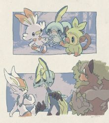 Rule 34 | !?, black-framed eyewear, blush, cinderace, closed mouth, commentary request, creatures (company), crying, frown, furry, game freak, gen 8 pokemon, glasses, grookey, holding hands, inteleon, looking back, nintendo, pokemon, pokemon (creature), rillaboom, scorbunny, sobble, starter pokemon trio, wavy mouth, yurano (upao)