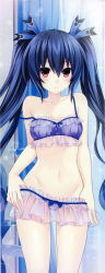 Rule 34 | 1girl, bare shoulders, black hair, blue bow, blush, bow, bow underwear, bra, breasts, cleavage, clothes pull, collarbone, cowboy shot, embarrassed, frilled underwear, frills, hair between eyes, higher resolution available, highres, lingerie, long hair, looking at viewer, medium breasts, navel, neptune (series), noire (neptunia), official art, panties, pulled by self, red eyes, source request, strap slip, thighs, tsunako, tsundere, twintails, underwear, underwear only, underwear pull