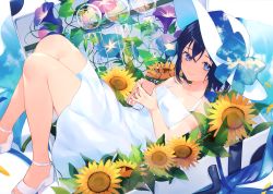Rule 34 | 1girl, achiki, bare legs, bare shoulders, black hair, blue eyes, blue hair, bottle, bow, bubble, closed mouth, dress, floral print, flower, foot out of frame, hat, hat bow, hat ribbon, high heels, highres, holding, holding bottle, in container, knees up, looking at viewer, lying, morning glory, morning glory print, on back, original, ramune, ribbon, scan, shoes, short hair, sky print, sleeveless, sleeveless dress, smile, solo, strappy heels, suitcase, sundress, sunflower, white dress, white footwear, white hat, wind chime