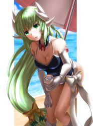 Rule 34 | 1girl, blue one-piece swimsuit, boots, bow, bowtie, breasts, choker, cleavage, cloud, collarbone, day, elbow gloves, fate/grand order, fate (series), floating hair, gloves, green eyes, green hair, hair between eyes, hair bow, hair ornament, holding, kiyohime (fate), kiyohime (swimsuit lancer) (second ascension) (fate), knee boots, long hair, looking at viewer, low-tied long hair, medium breasts, ocean, one-piece swimsuit, open mouth, outdoors, red bow, solo, swimsuit, totororo, very long hair, water, wet, white bow, white footwear, white gloves, yellow bow