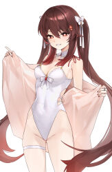 Rule 34 | 1girl, :d, absurdres, armpit crease, bare shoulders, blush, breasts, brown hair, cleavage, cowboy shot, detached collar, flower-shaped pupils, genshin impact, gradient hair, grin, hair between eyes, hair ribbon, highleg, highleg leotard, highres, holding, holding clothes, holding shirt, hu tao (genshin impact), index finger raised, jira (0116), large breasts, legs apart, leotard, long hair, looking at viewer, medium breasts, multicolored hair, nail polish, open clothes, open mouth, open shirt, opened by self, red eyes, red hair, red nails, ribbon, shirt, simple background, smile, solo, star-shaped pupils, star (symbol), strapless, strapless leotard, swimsuit, symbol-shaped pupils, teeth, thigh strap, thighs, twintails, very long hair, white background, white leotard, white ribbon