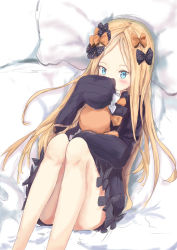 Rule 34 | 1girl, abigail williams (fate), bed sheet, black bow, black dress, blonde hair, blue eyes, blush, bow, bug, butterfly, commentary request, covered mouth, dress, fate/grand order, fate (series), hair bow, highres, insect, long hair, long sleeves, looking at viewer, lying, mudiv, no headwear, hugging object, on back, orange bow, parted bangs, pillow, polka dot, polka dot bow, sleeves past fingers, sleeves past wrists, solo, stuffed animal, stuffed toy, teddy bear, very long hair