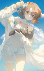 Rule 34 | 1girl, absurdres, animal, arknights, arm up, armpits, bare shoulders, bikini, bikini top only, blue sky, blush, braid, breasts, brown eyes, brown hair, cleavage, closed mouth, cloud, collarbone, cowboy shot, day, highres, jacket, long sleeves, looking at viewer, makeup brush, medium breasts, navel, off shoulder, official alternate costume, open clothes, open jacket, otter, outdoors, roberta (arknights), roberta (summer flowers) (arknights), short hair, shorts, side braid, sky, smile, solo, starfish, swimsuit, thigh strap, tuzhate, white bikini, white jacket, white shorts