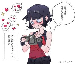 Rule 34 | angel, azazel (helltaker), bare shoulders, black hair, black shorts, blue eyes, blush, breasts, clothes writing, commentary request, gloves, halo, hat, heart, helltaker, highres, holding, looking down, meme, noah (tettsui-sole), official alternate costume, police hat, red shirt, shirt, short hair, shorts, smile, solo, thought bubble, translation request, video camera