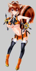 Rule 34 | 1girl, absurdres, animal ears, antenna hair, black thighhighs, blazblue, breasts, brown hair, chukachuka, cleavage, commentary request, full body, highres, large breasts, looking at viewer, makoto nanaya, microskirt, multicolored hair, navel, orange eyes, shiny clothes, shiny skin, short hair, skirt, smile, squirrel ears, squirrel girl, squirrel tail, tail, thighhighs, two-tone hair, underboob