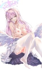 Rule 34 | 1girl, angel wings, arms under breasts, blue archive, breast hold, breasts, collarbone, crossed arms, feet, foot out of frame, hair intakes, hair ornament, halo, head tilt, high-waist skirt, highres, huuuuu (ddakji79), knees up, long hair, looking at viewer, low wings, medium breasts, mika (blue archive), nipples, pantyhose, pink hair, pussy, sidelocks, simple background, sitting, skirt, smile, solo, thighband pantyhose, torn clothes, torn pantyhose, white background, white pantyhose, white skirt, white wings, wings, yellow eyes