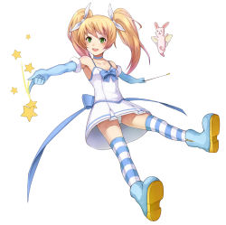 Rule 34 | 1girl, armpits, bare shoulders, blonde hair, blush, boots, choker, dress, elbow gloves, fairy wings, familiar, fur trim, gloves, green eyes, hair ribbon, magical girl, open mouth, panties, purea, rabbit, ribbon, rubber boots, simple background, smile, solo, star (symbol), striped clothes, striped thighhighs, thighhighs, twintails, underwear, wand, white background, wings