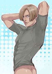 Rule 34 | 1boy, blonde hair, bottomless, leon s. kennedy, looking at viewer, male focus, resident evil, solo, tagme, undressing