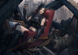 Rule 34 | 1girl, alcohol, armchair, boots, brown hair, bullet, cat, chair, cityscape, cup, drinking glass, explosive, fingerless gloves, gloves, grenade, gun, hand grenade, hat, midriff, military, military uniform, okita, original, red upholstery, rifle, ruins, scope, short hair, sitting, sleeveless, sniper rifle, solo, stick grenade, stielhandgranate, television, uniform, vambraces, weapon, wine, wine glass, wolf