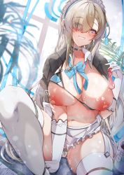 Rule 34 | 1girl, alpha beta, asuna (blue archive), blue archive, blue eyes, blue ribbon, blush, breasts, brown hair, clenched teeth, condom, eyes visible through hair, garter straps, gloves, hair over one eye, highres, large breasts, long hair, maid headdress, neck ribbon, nipples, pussy juice, ribbon, sitting, smile, solo, teeth, thighhighs, thighs, used condom, white gloves, white thighhighs
