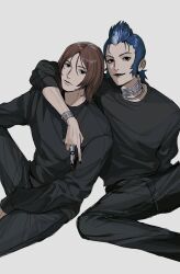 Rule 34 | 2boys, amikoiiko, arm around shoulder, black eyes, black lips, black nails, black pants, black shirt, blue hair, bracelet, brown hair, casual, choker, highres, jewelry, looking at viewer, makeup, male focus, mishina eikichi, multicolored hair, multiple boys, on floor, pants, persona, persona 2, persona 2 tsumi, ring, shirt, short hair, simple background, sitting, smile, suou tatsuya, two-tone hair, white background, white hair