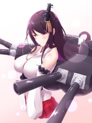 Rule 34 | 10s, 1girl, bare shoulders, black hair, blush, breasts, cannon, detached sleeves, fusou (kancolle), hair ornament, highres, huge breasts, kantai collection, long hair, nontraditional miko, pink eyes, purple hair, red eyes, shiroshimu, solo, turret